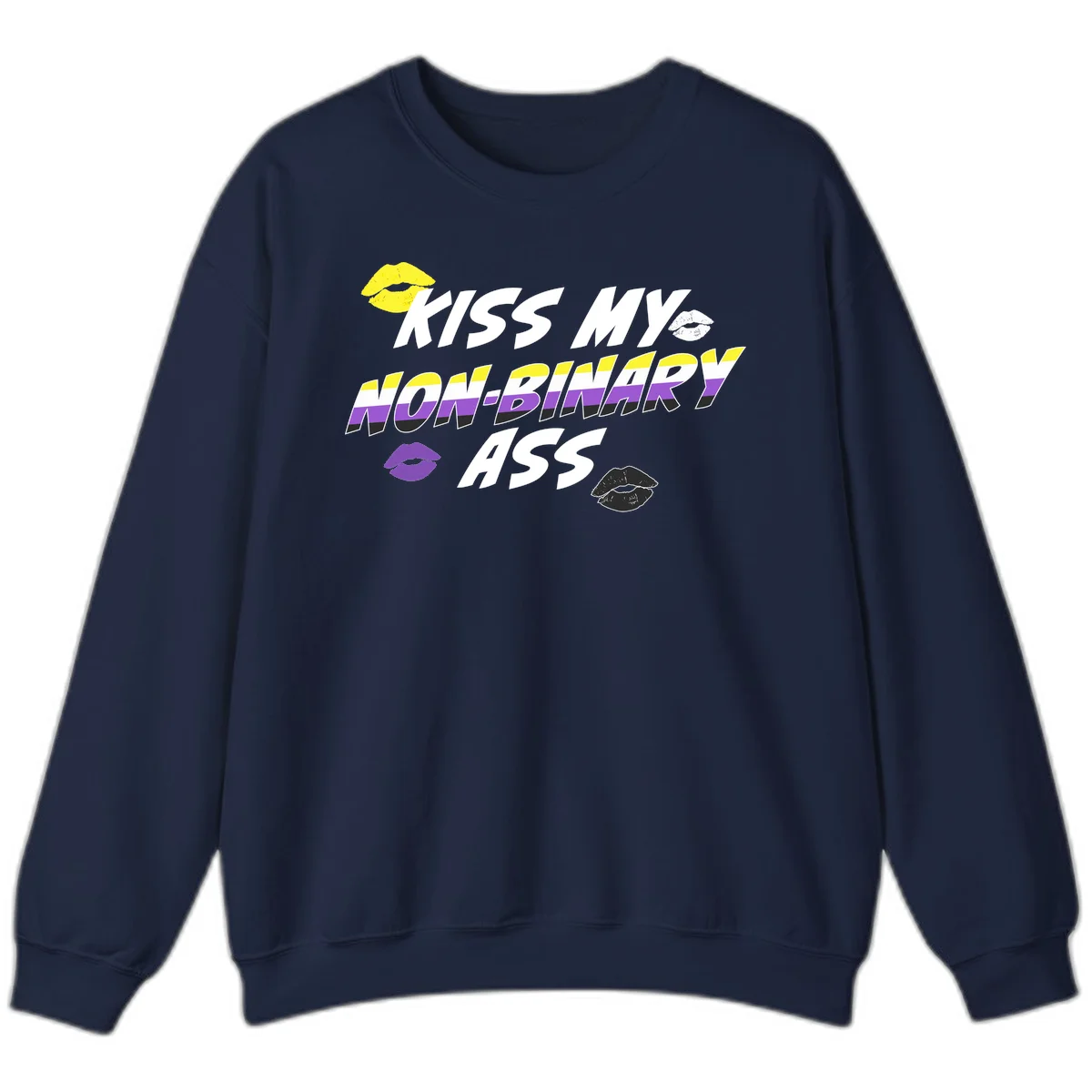 Kiss my non-binary ass pride design with yellow, white, purple and black lip icons and non-binary flag stripes on gray background in Navy