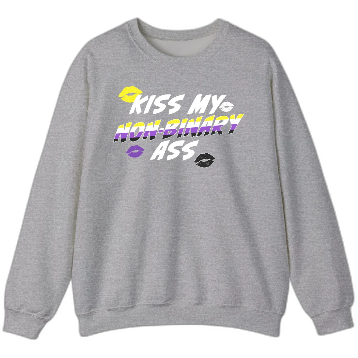 Kiss my non-binary ass pride design with yellow, white, purple and black lip icons and non-binary flag stripes on gray background in Sport Grey