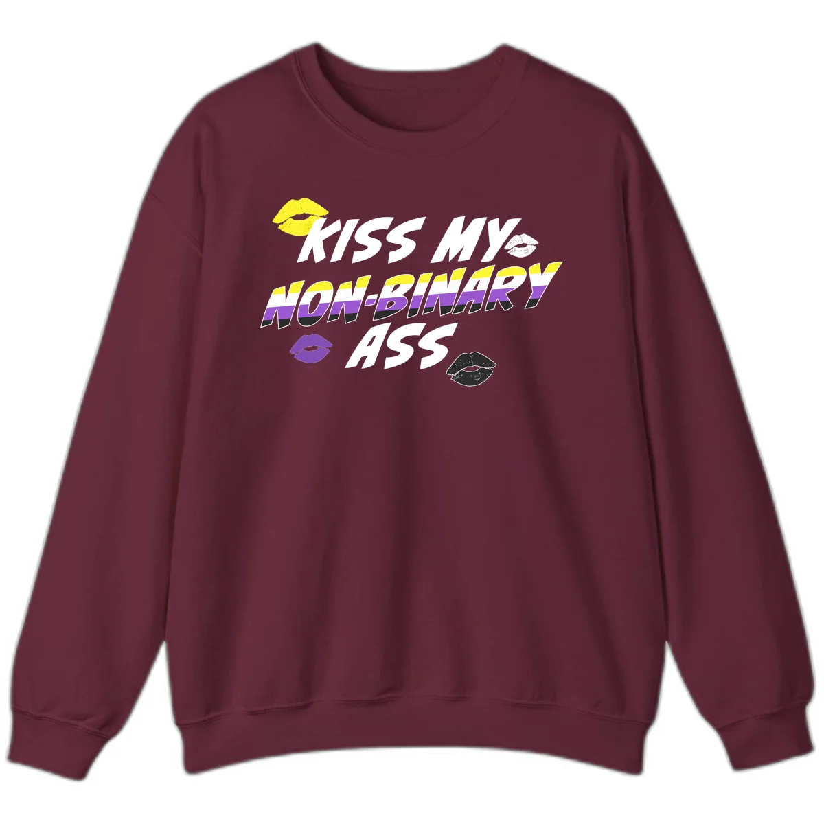 Kiss my non-binary ass pride design with yellow, white, purple and black lip icons and non-binary flag stripes on gray background in Maroon