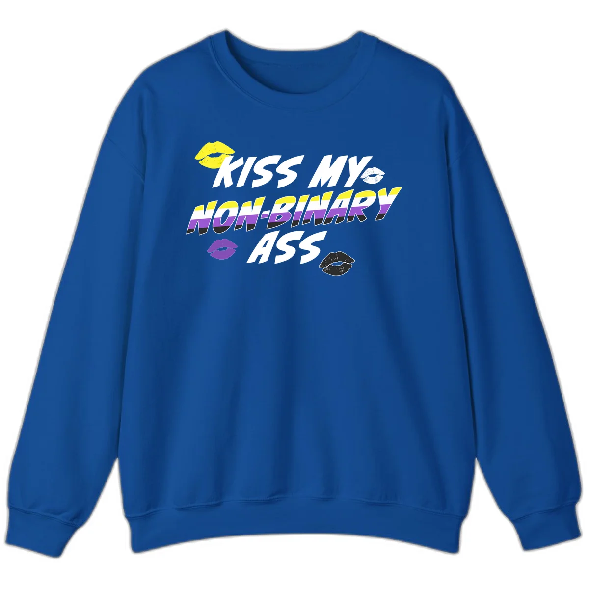 Kiss my non-binary ass pride design with yellow, white, purple and black lip icons and non-binary flag stripes on gray background in Royal