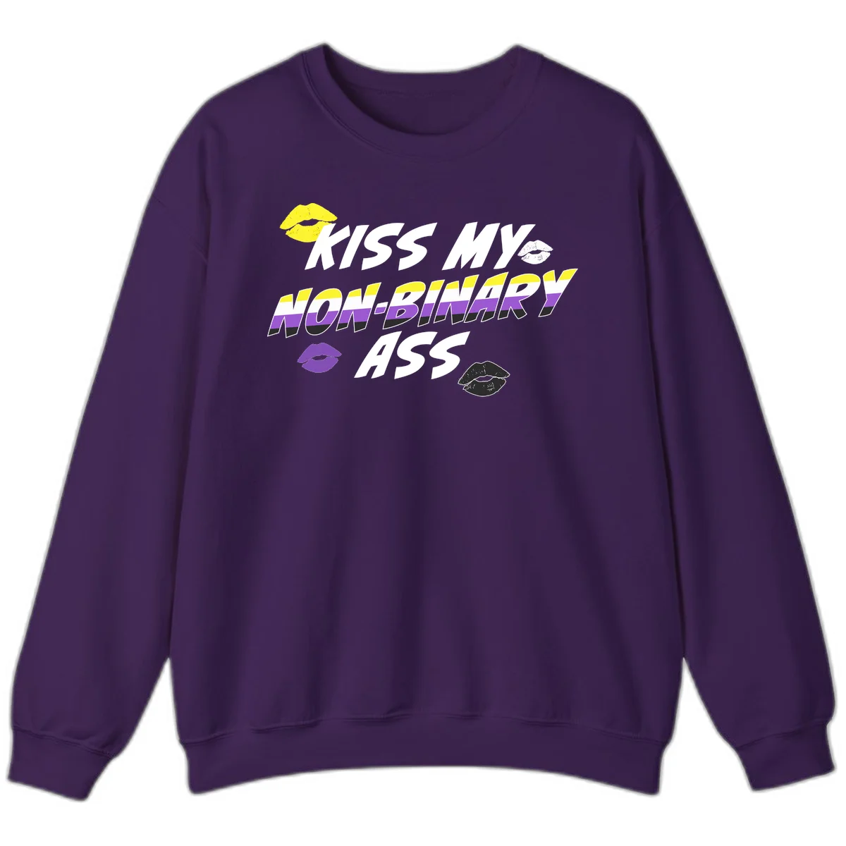 Kiss my non-binary ass pride design with yellow, white, purple and black lip icons and non-binary flag stripes on gray background in Purple