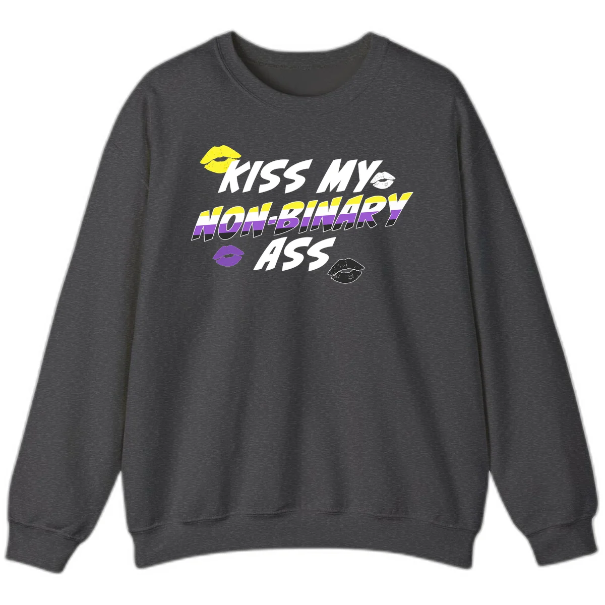 Kiss my non-binary ass pride design with yellow, white, purple and black lip icons and non-binary flag stripes on gray background in Dark Heather
