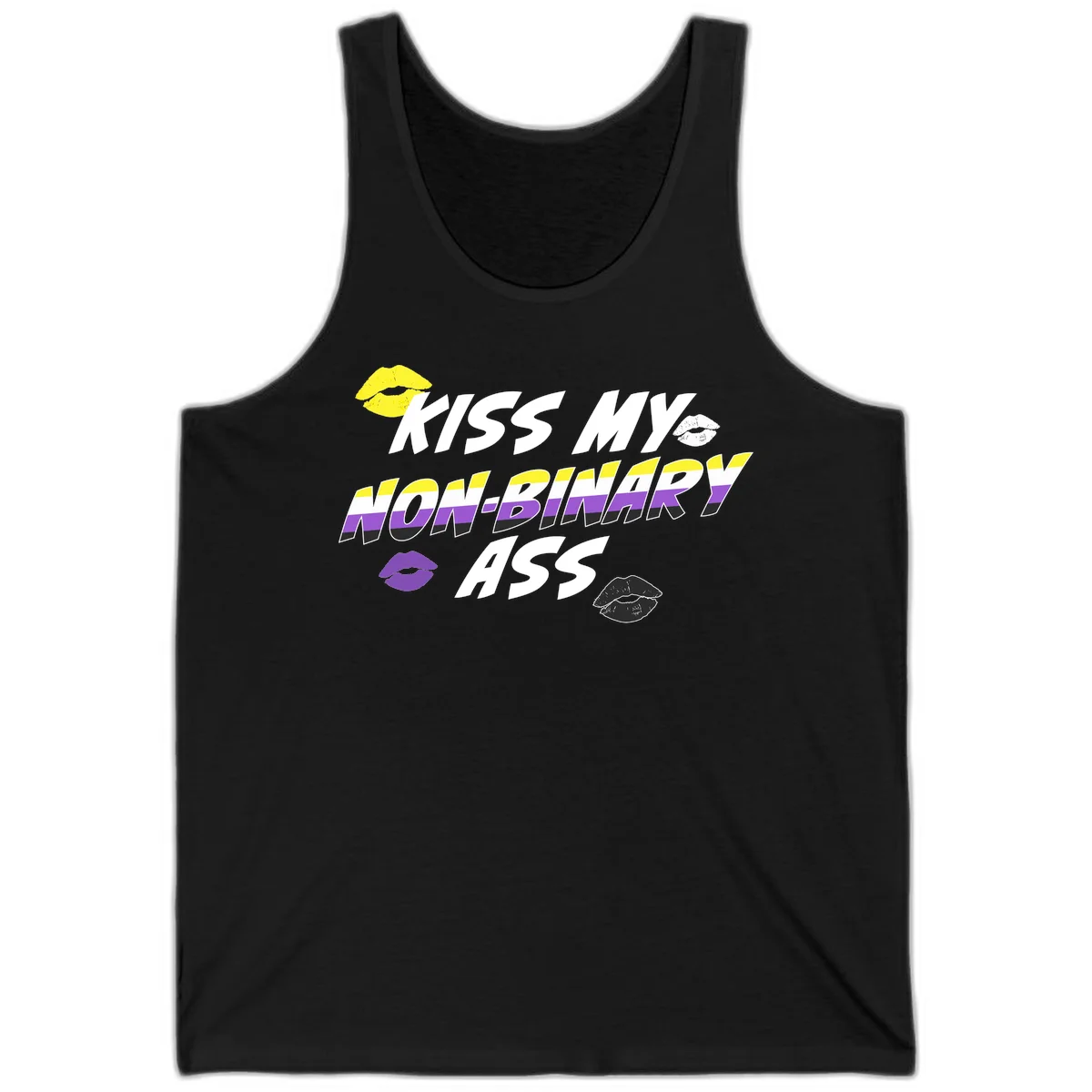Kiss my non-binary ass pride design with yellow, white, purple and black lip icons and non-binary flag stripes on gray background in Black