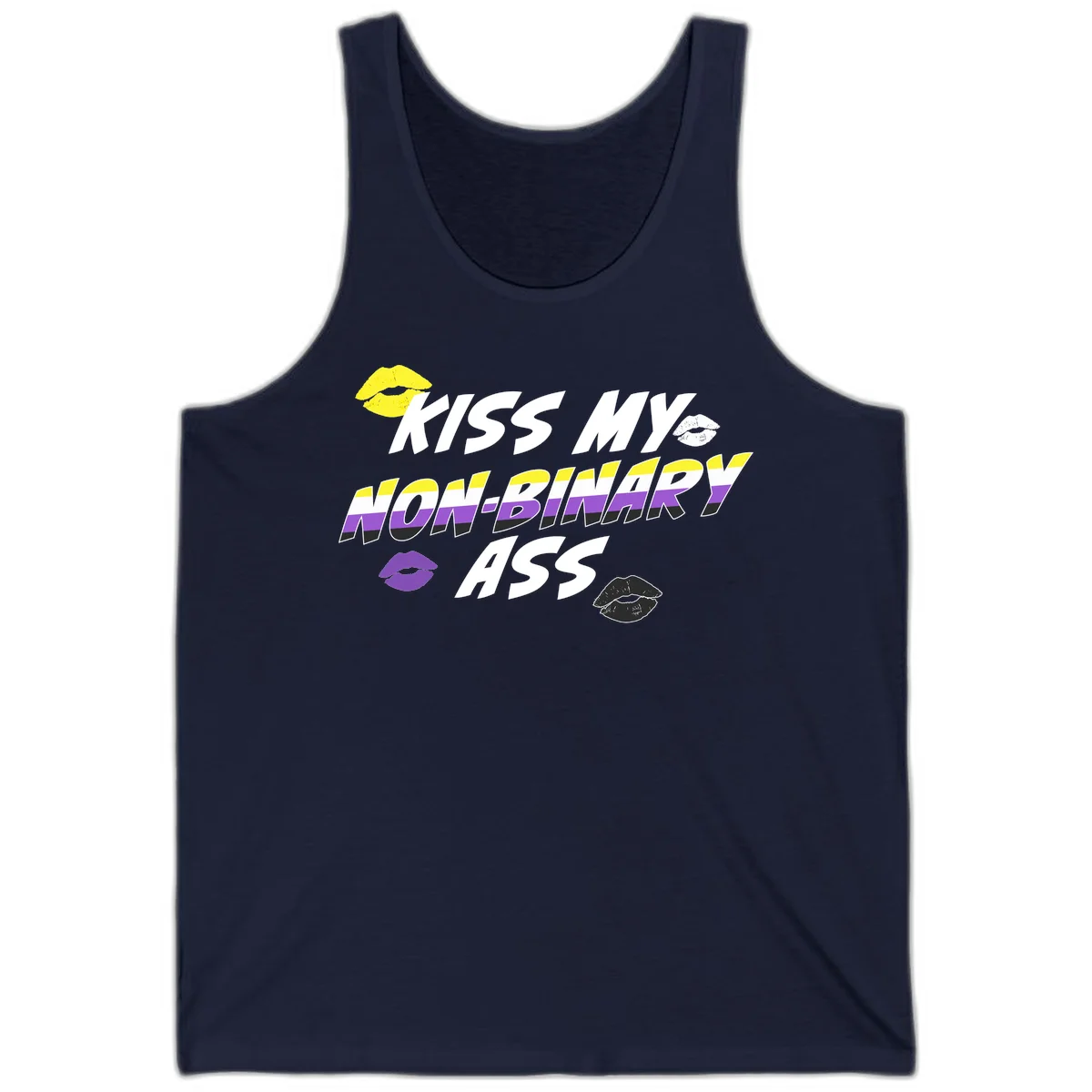 Kiss my non-binary ass pride design with yellow, white, purple and black lip icons and non-binary flag stripes on gray background in Navy