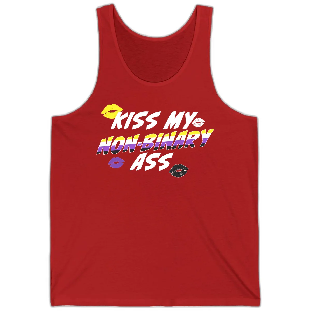 Kiss my non-binary ass pride design with yellow, white, purple and black lip icons and non-binary flag stripes on gray background in Red