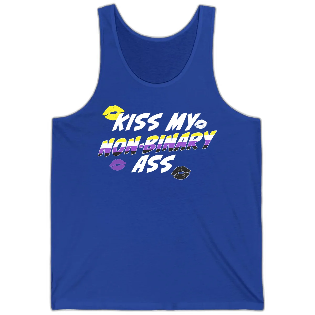 Kiss my non-binary ass pride design with yellow, white, purple and black lip icons and non-binary flag stripes on gray background in True Royal