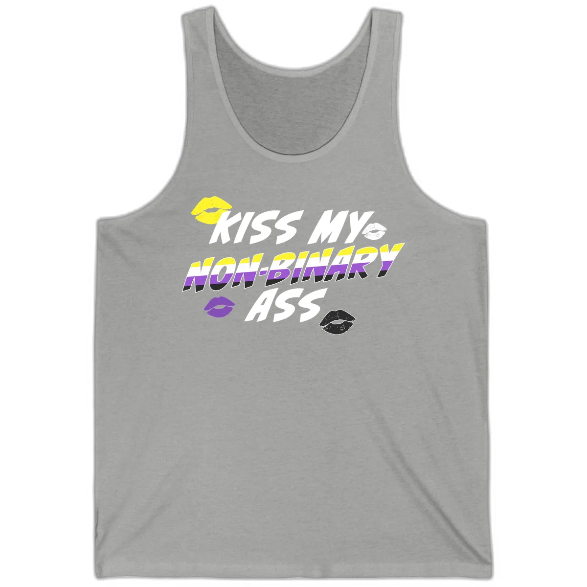 Kiss my non-binary ass pride design with yellow, white, purple and black lip icons and non-binary flag stripes on gray background in Athletic Heather