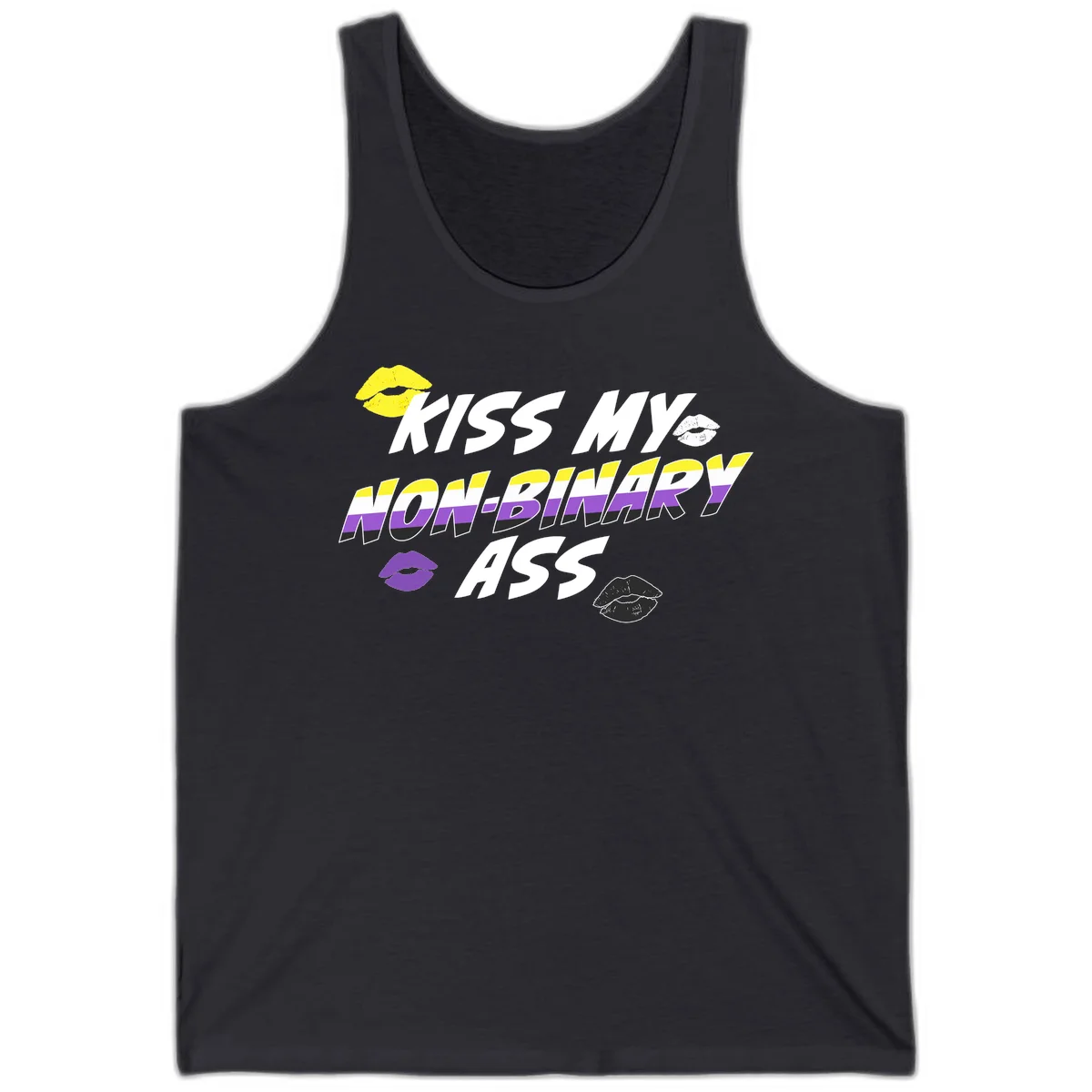 Kiss my non-binary ass pride design with yellow, white, purple and black lip icons and non-binary flag stripes on gray background in Dark Grey