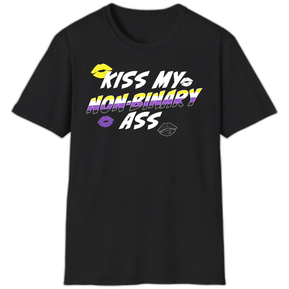 Kiss my non-binary ass pride design with yellow, white, purple and black lip icons and non-binary flag stripes on gray background in Black