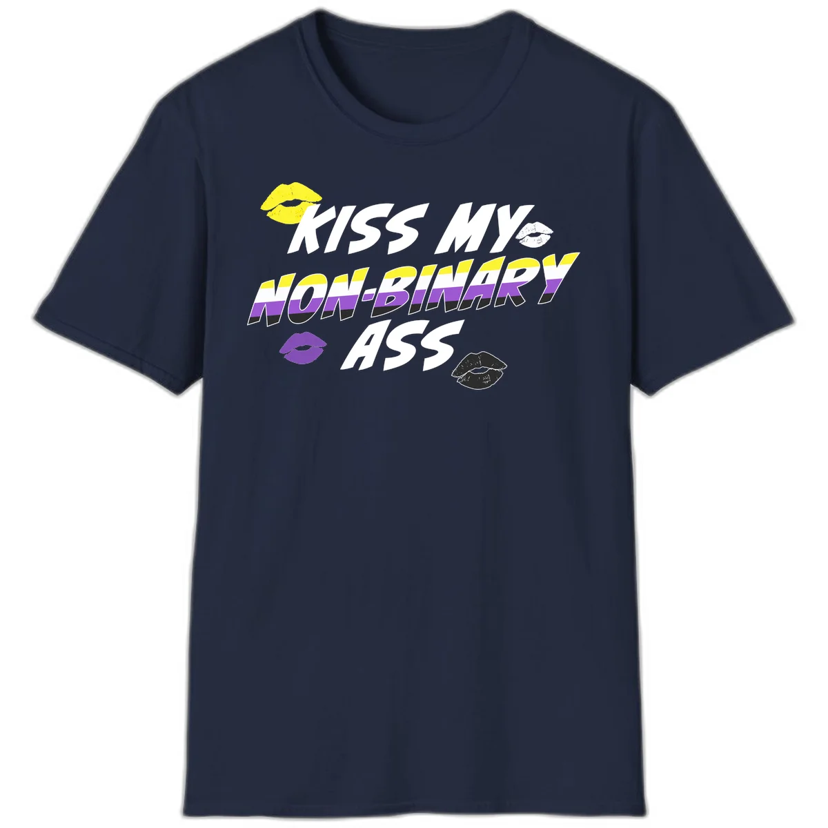 Kiss my non-binary ass pride design with yellow, white, purple and black lip icons and non-binary flag stripes on gray background in Navy