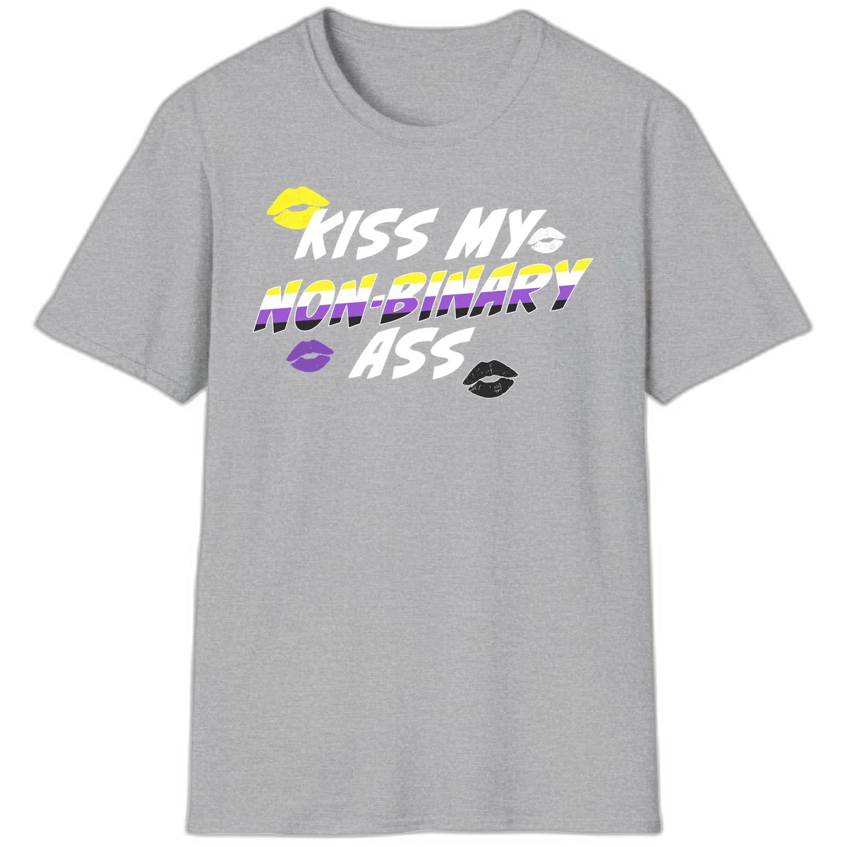 Kiss my non-binary ass pride design with yellow, white, purple and black lip icons and non-binary flag stripes on gray background in Sport Grey
