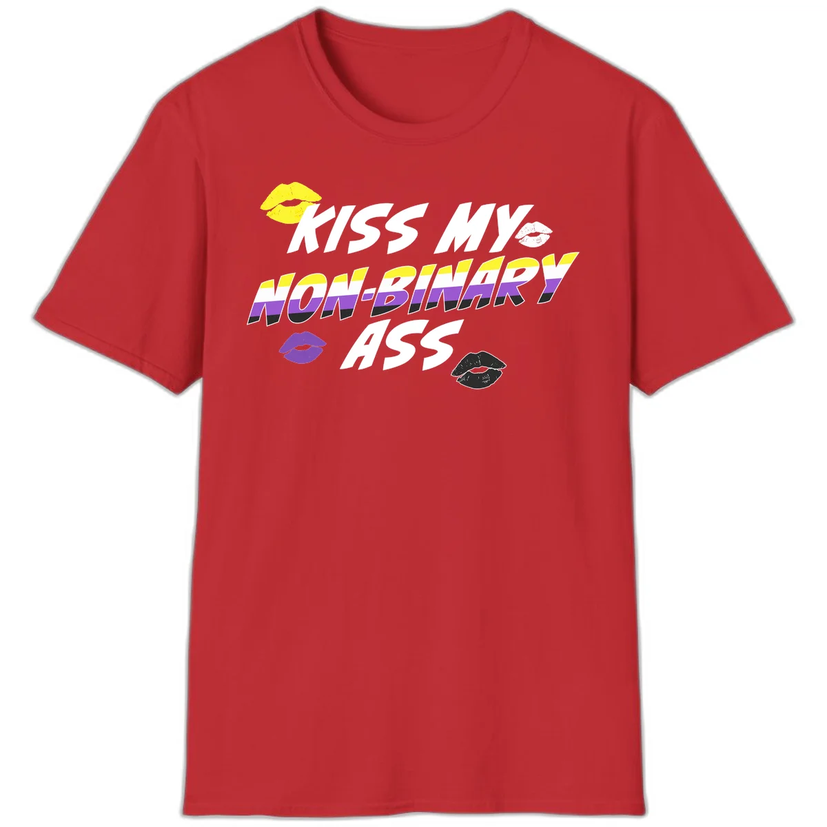 Kiss my non-binary ass pride design with yellow, white, purple and black lip icons and non-binary flag stripes on gray background in Red