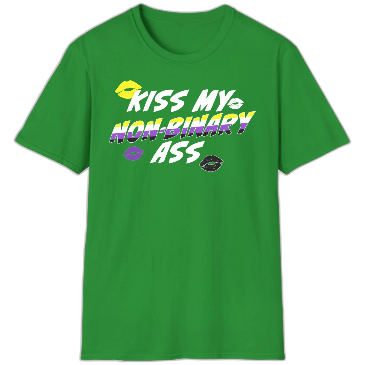 Kiss my non-binary ass pride design with yellow, white, purple and black lip icons and non-binary flag stripes on gray background in Irish Green