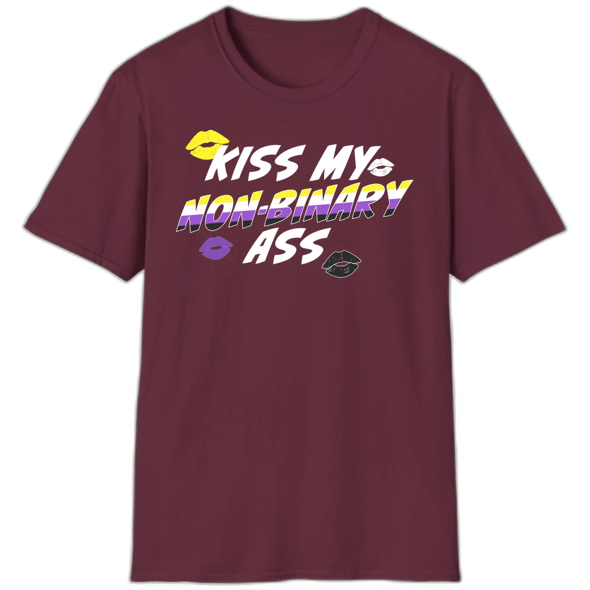 Kiss my non-binary ass pride design with yellow, white, purple and black lip icons and non-binary flag stripes on gray background in Maroon