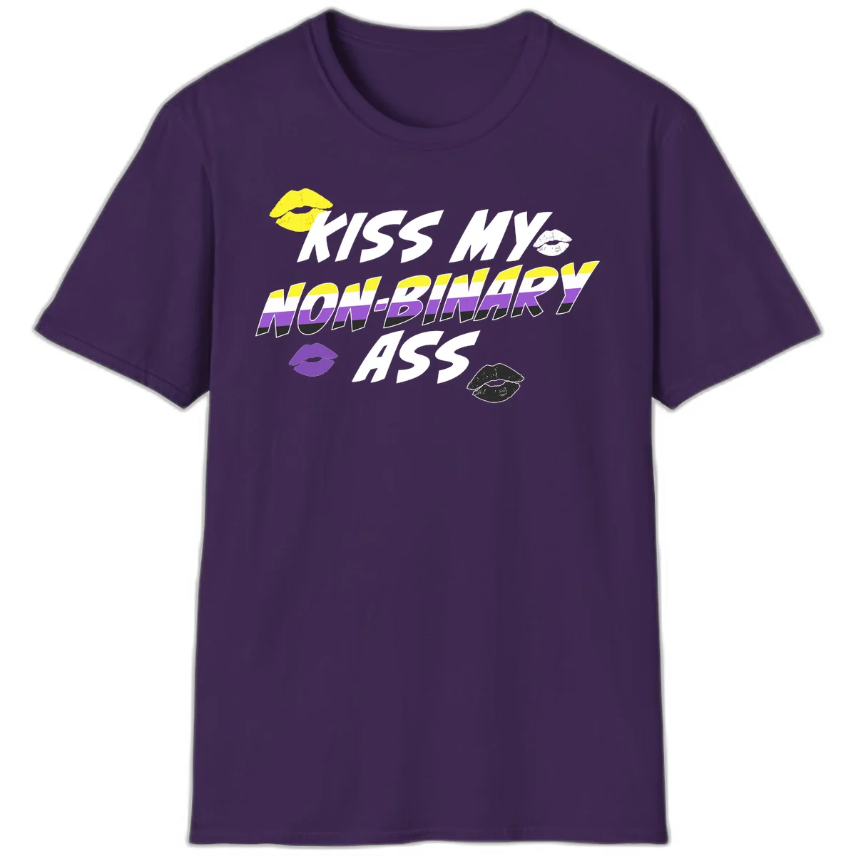 Kiss my non-binary ass pride design with yellow, white, purple and black lip icons and non-binary flag stripes on gray background in Purple