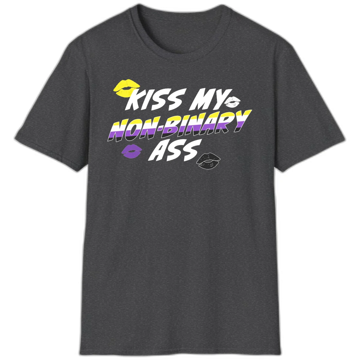 Kiss my non-binary ass pride design with yellow, white, purple and black lip icons and non-binary flag stripes on gray background in Dark Heather