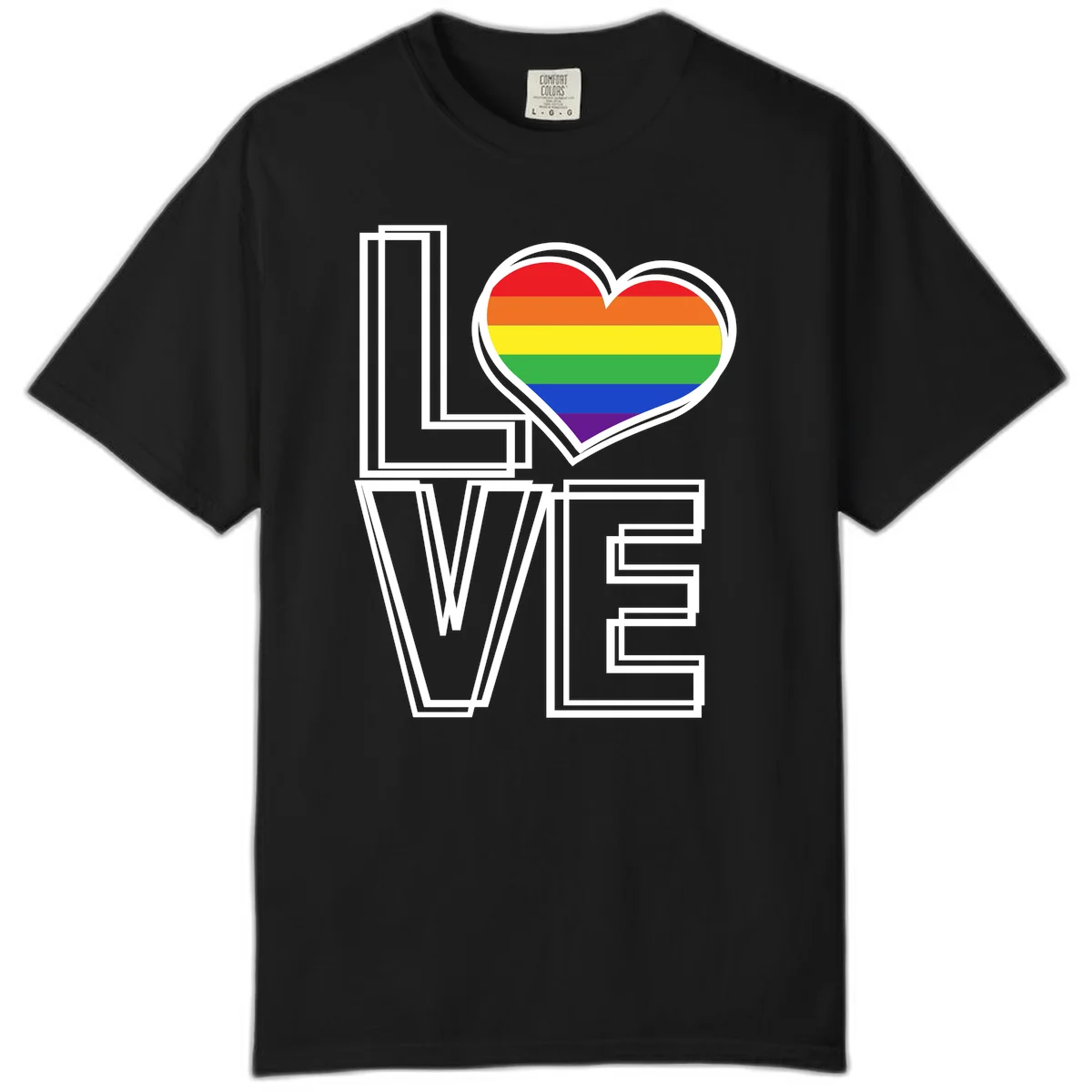 Love is love rainbow heart design with vibrant Pride flag colors in an outlined heart shape and bold LOVE text in Black