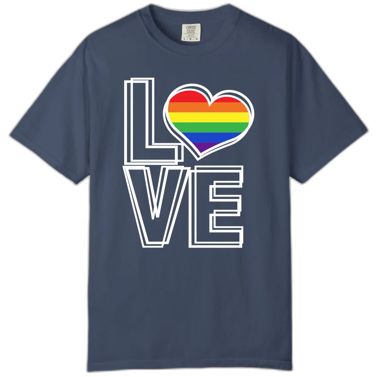 Love is love rainbow heart design with vibrant Pride flag colors in an outlined heart shape and bold LOVE text in Midnight