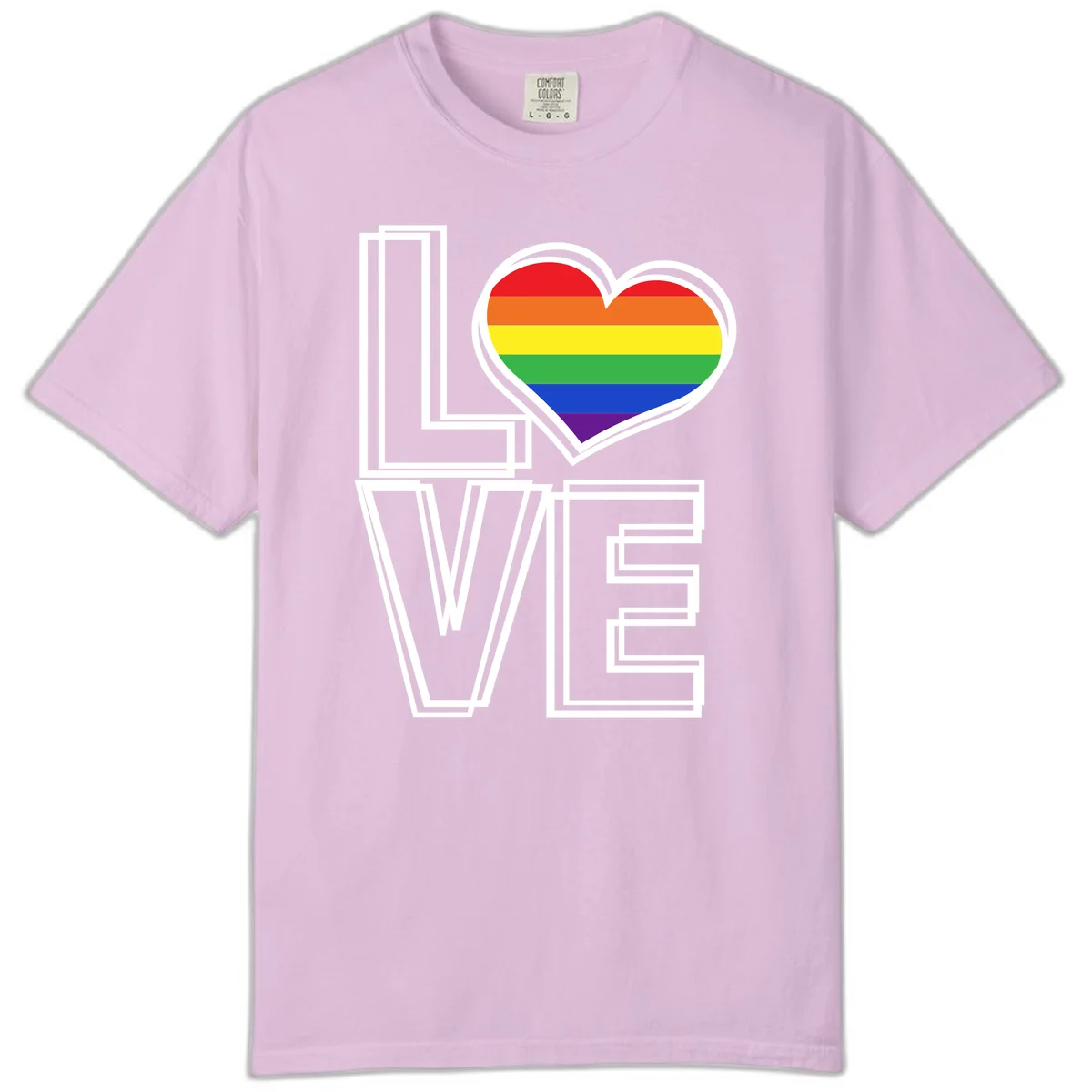 Love is love rainbow heart design with vibrant Pride flag colors in an outlined heart shape and bold LOVE text in Orchid