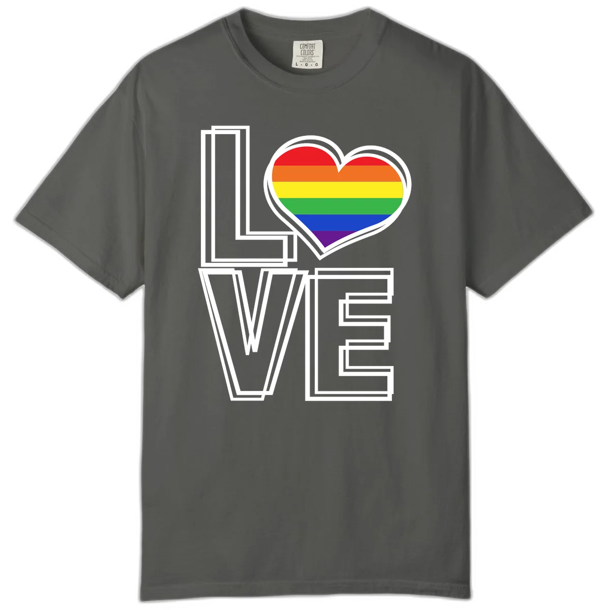 Love is love rainbow heart design with vibrant Pride flag colors in an outlined heart shape and bold LOVE text in Pepper