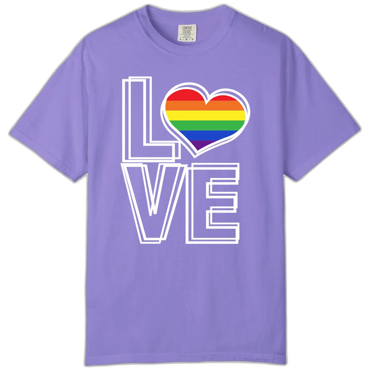 Love is love rainbow heart design with vibrant Pride flag colors in an outlined heart shape and bold LOVE text in Violet