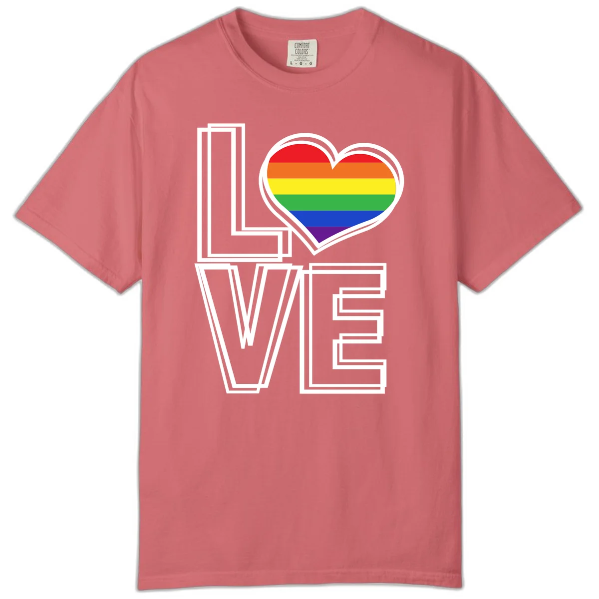 Love is love rainbow heart design with vibrant Pride flag colors in an outlined heart shape and bold LOVE text in Watermelon