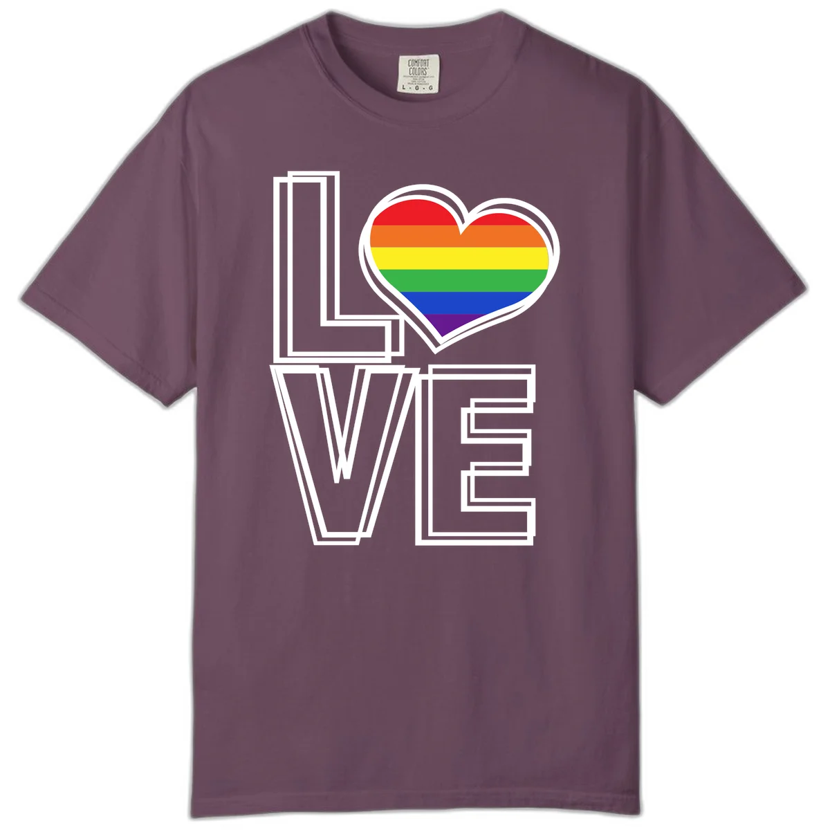 Love is love rainbow heart design with vibrant Pride flag colors in an outlined heart shape and bold LOVE text in Berry