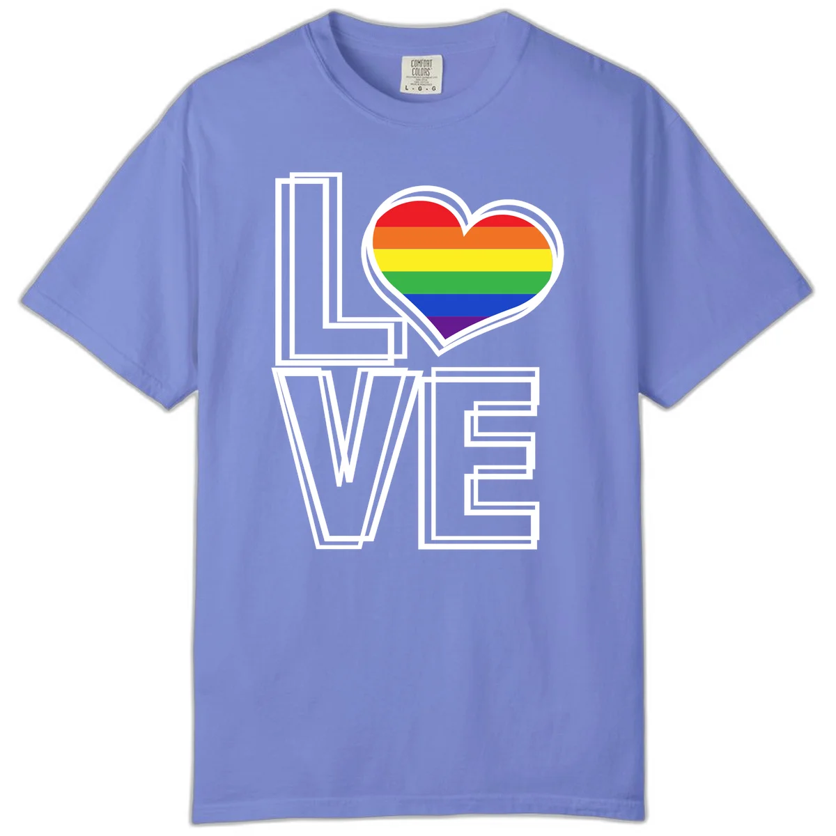 Love is love rainbow heart design with vibrant Pride flag colors in an outlined heart shape and bold LOVE text in Flo Blue