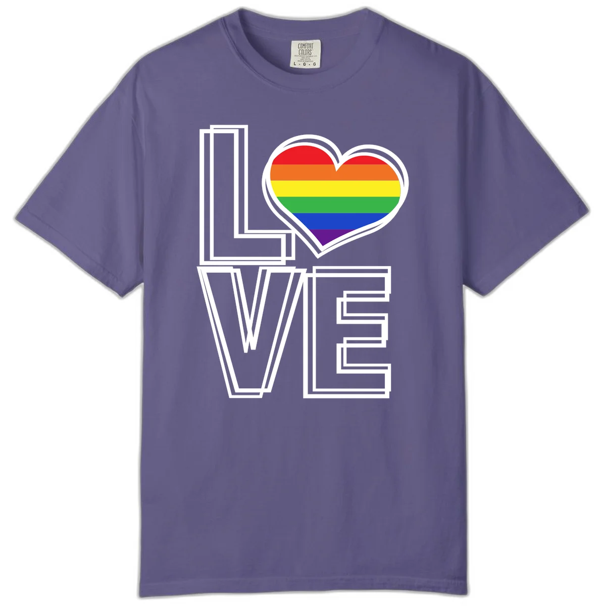 Love is love rainbow heart design with vibrant Pride flag colors in an outlined heart shape and bold LOVE text in Grape