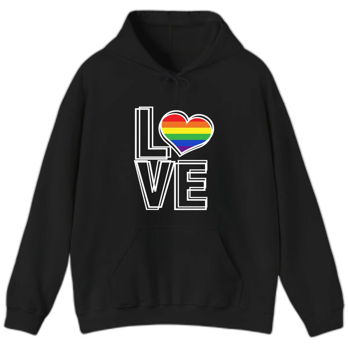 Love is love rainbow heart design with vibrant Pride flag colors in an outlined heart shape and bold LOVE text in Black