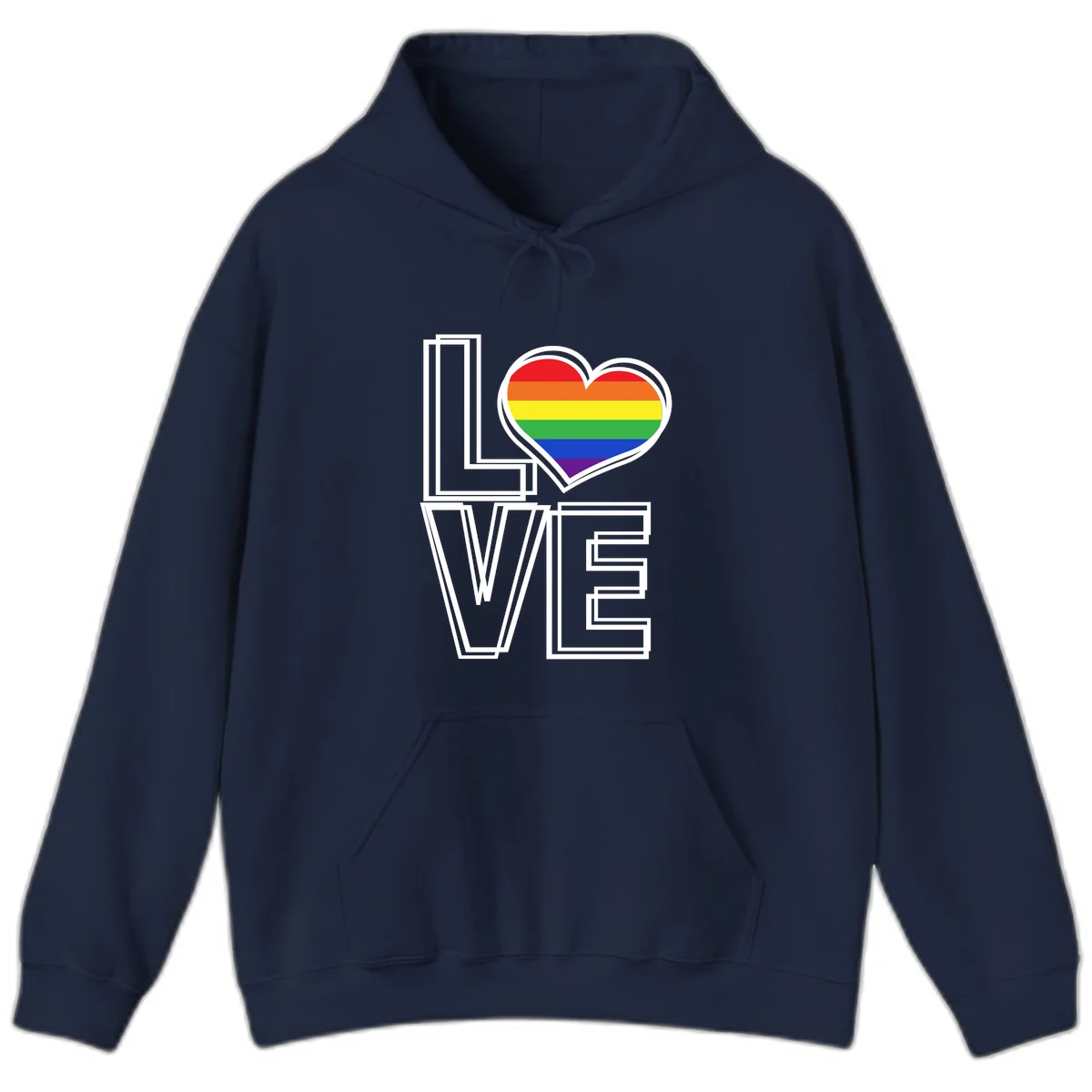 Love is love rainbow heart design with vibrant Pride flag colors in an outlined heart shape and bold LOVE text in Navy