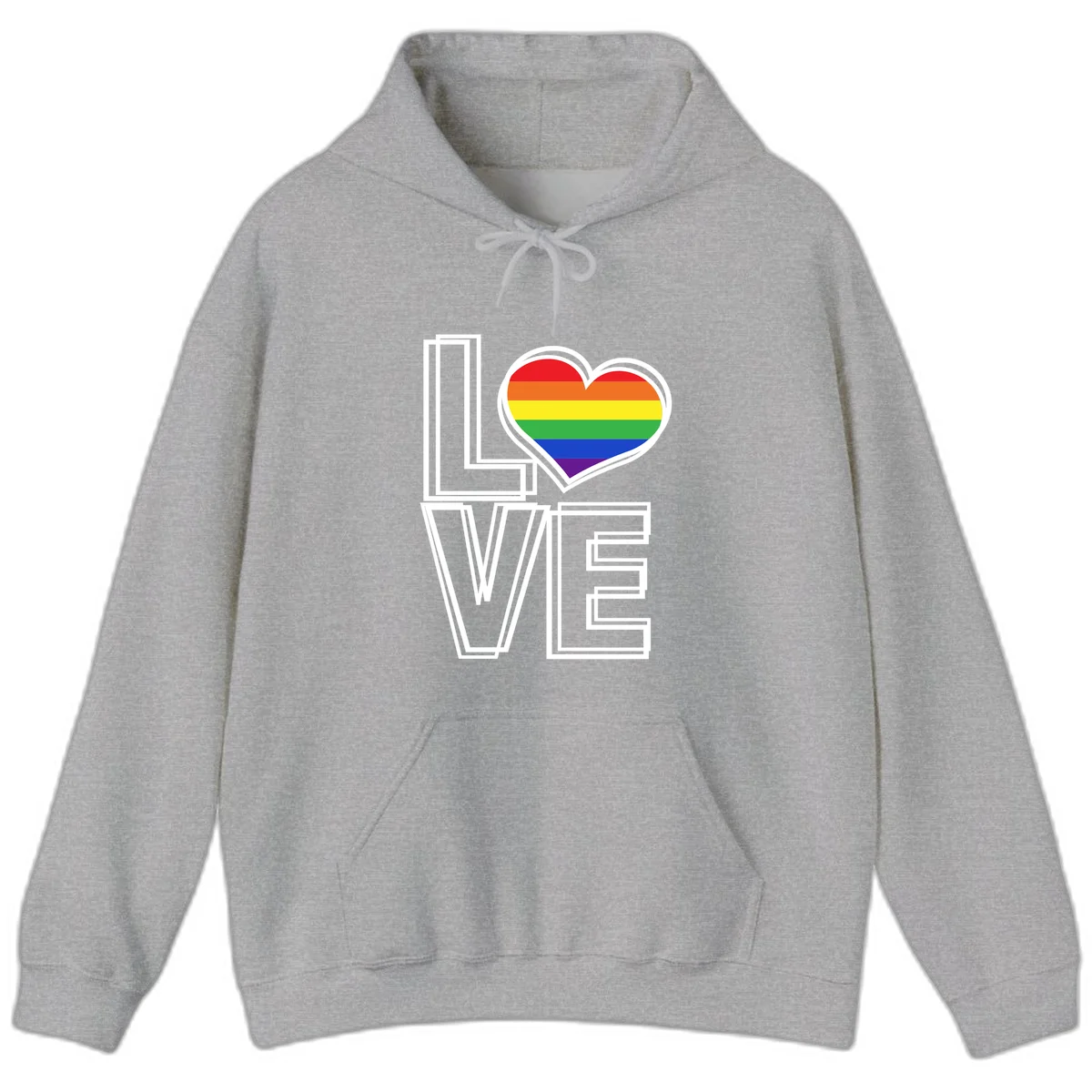 Love is love rainbow heart design with vibrant Pride flag colors in an outlined heart shape and bold LOVE text in Sport Grey