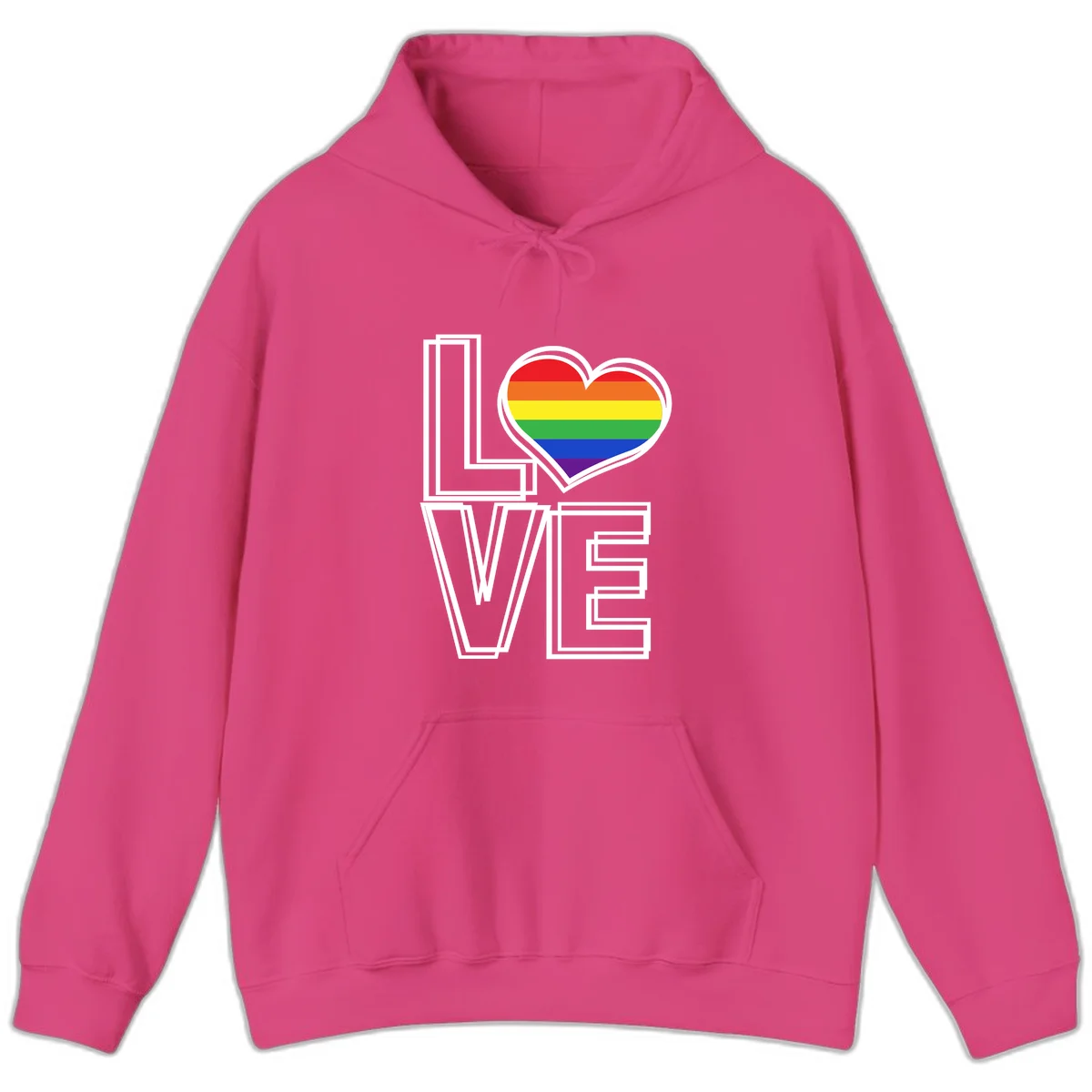 Love is love rainbow heart design with vibrant Pride flag colors in an outlined heart shape and bold LOVE text in Heliconia