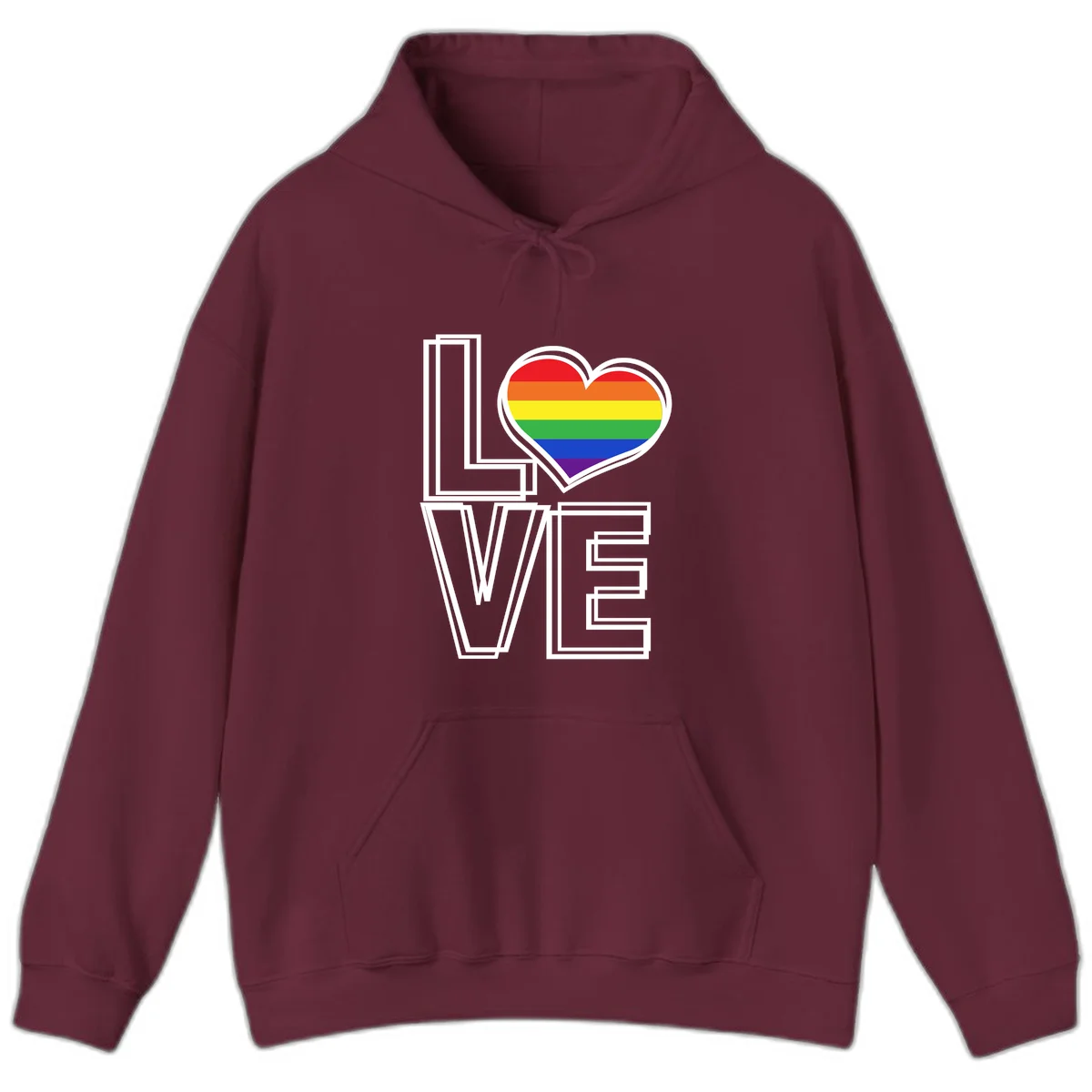 Love is love rainbow heart design with vibrant Pride flag colors in an outlined heart shape and bold LOVE text in Maroon