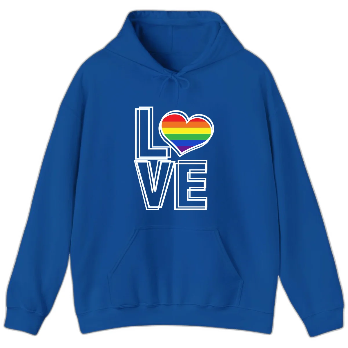 Love is love rainbow heart design with vibrant Pride flag colors in an outlined heart shape and bold LOVE text in Royal