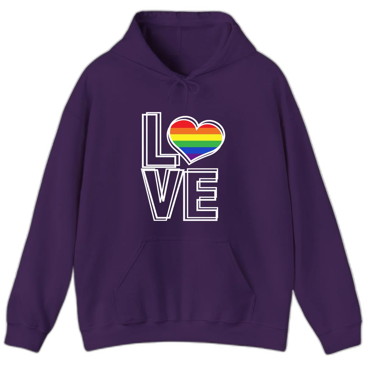 Love is love rainbow heart design with vibrant Pride flag colors in an outlined heart shape and bold LOVE text in Purple