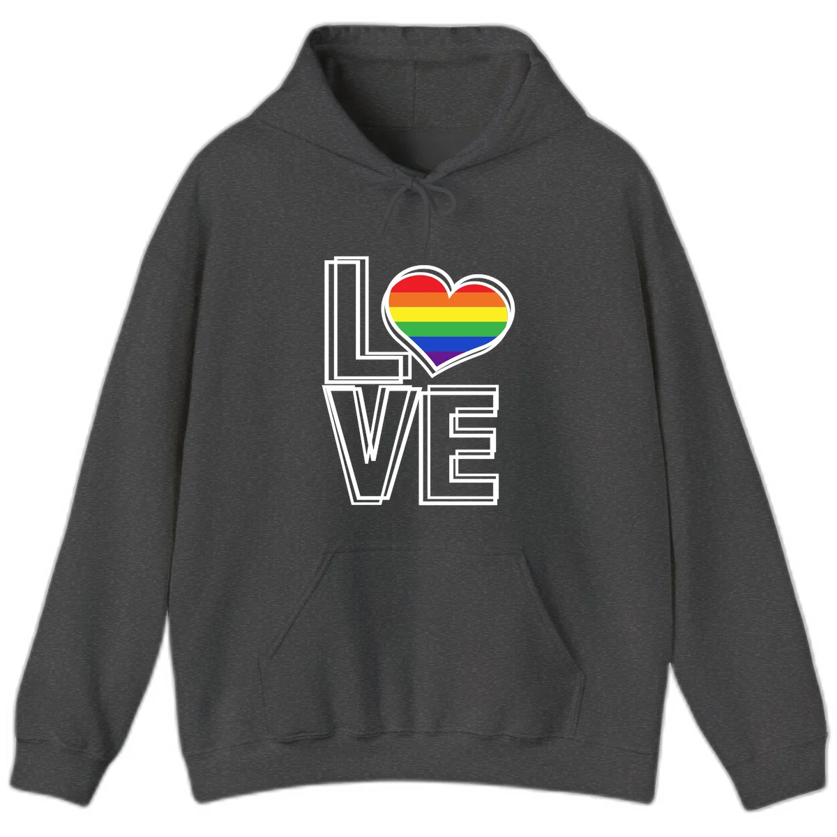 Love is love rainbow heart design with vibrant Pride flag colors in an outlined heart shape and bold LOVE text in Dark Heather