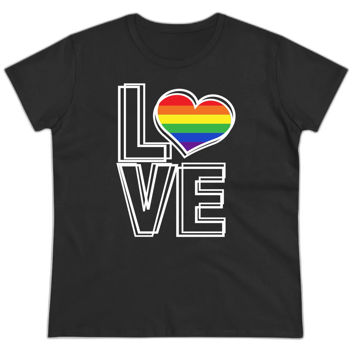 Love is love rainbow heart design with vibrant Pride flag colors in an outlined heart shape and bold LOVE text in Black