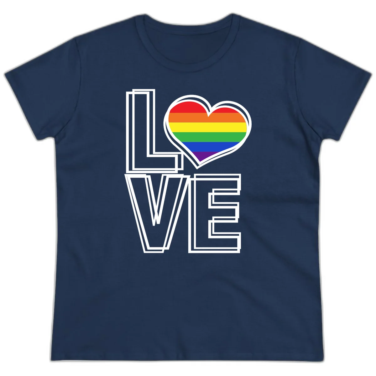 Love is love rainbow heart design with vibrant Pride flag colors in an outlined heart shape and bold LOVE text in Navy
