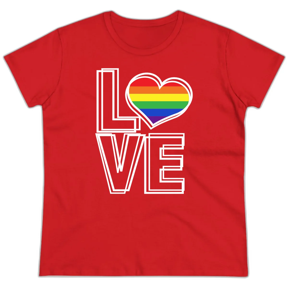 Love is love rainbow heart design with vibrant Pride flag colors in an outlined heart shape and bold LOVE text in Red