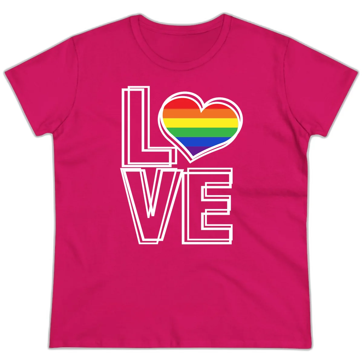Love is love rainbow heart design with vibrant Pride flag colors in an outlined heart shape and bold LOVE text in Heliconia
