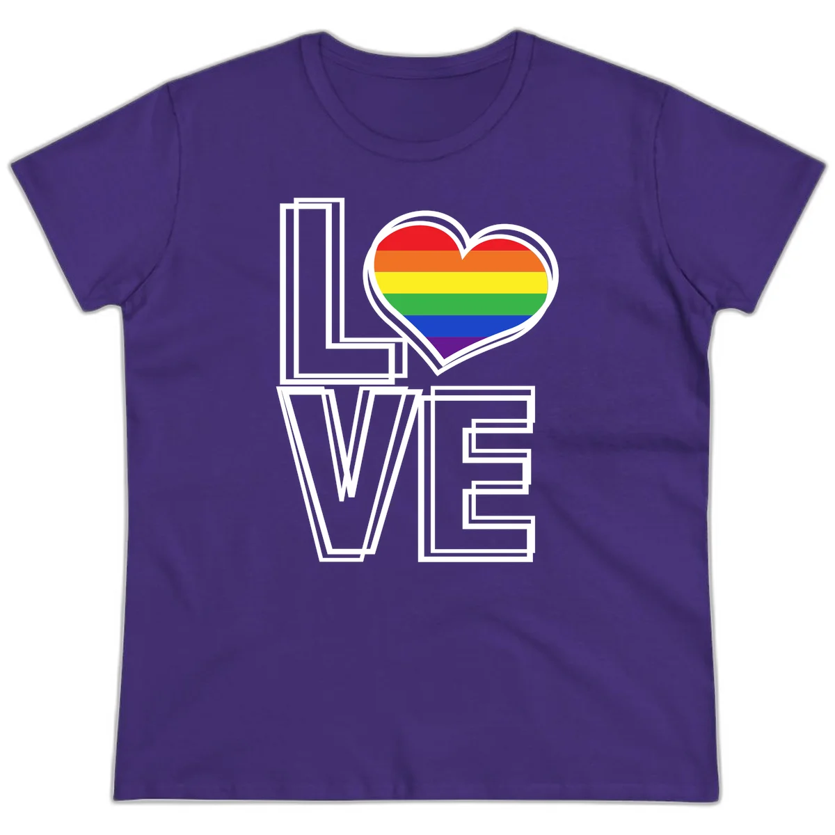 Love is love rainbow heart design with vibrant Pride flag colors in an outlined heart shape and bold LOVE text in Purple