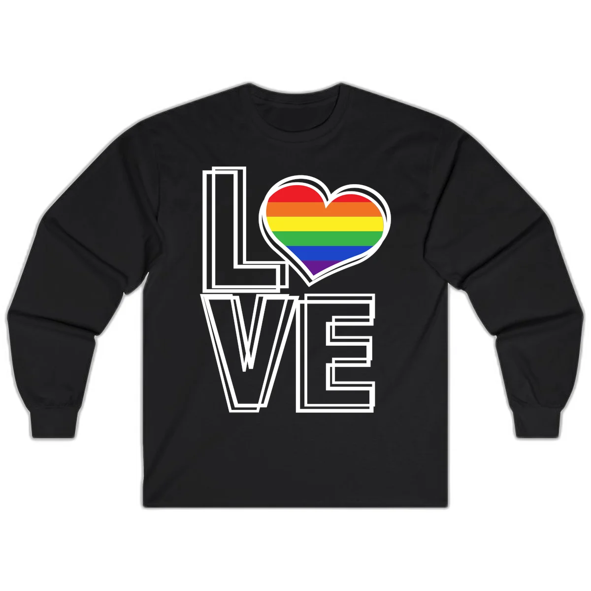 Love is love rainbow heart design with vibrant Pride flag colors in an outlined heart shape and bold LOVE text in Black