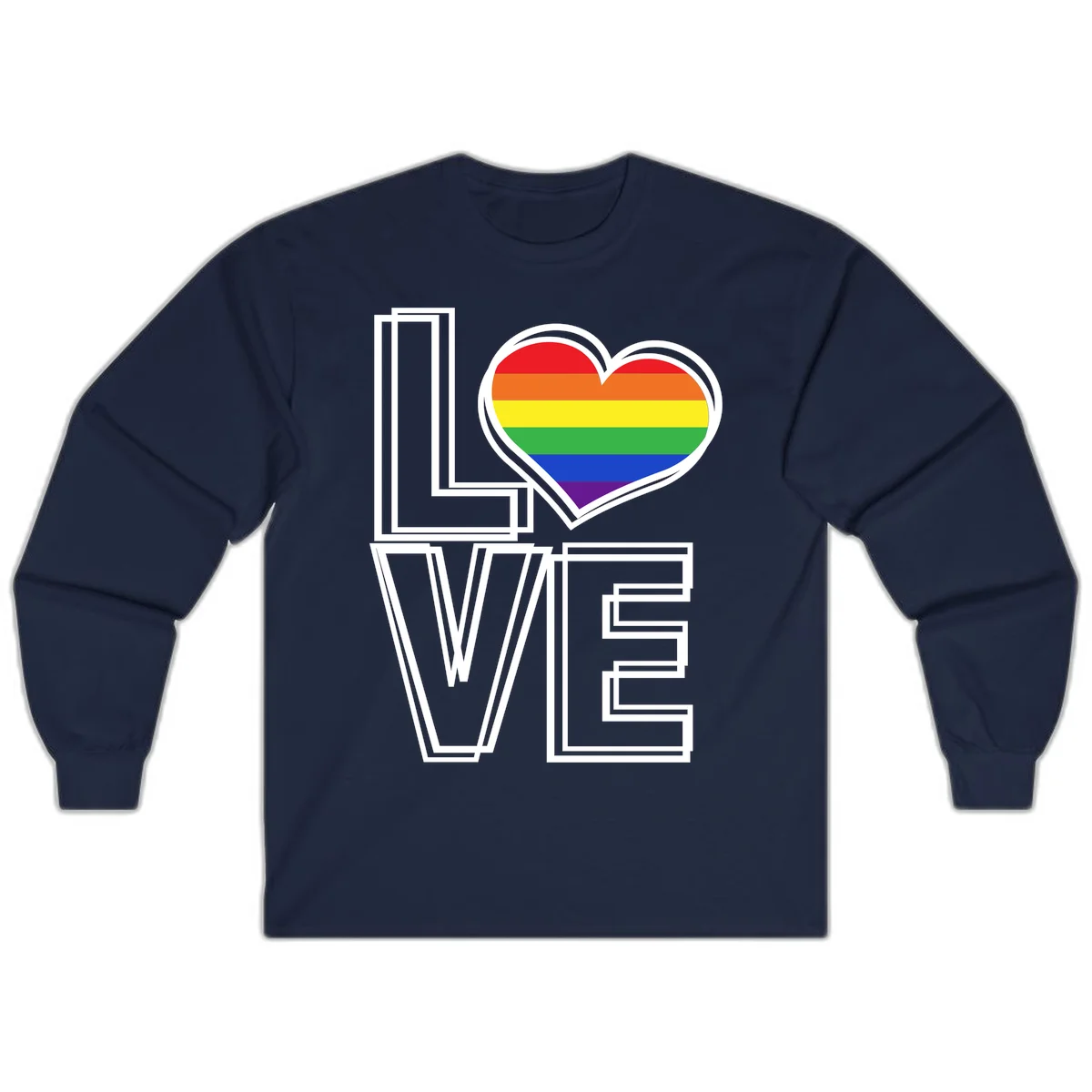 Love is love rainbow heart design with vibrant Pride flag colors in an outlined heart shape and bold LOVE text in Navy