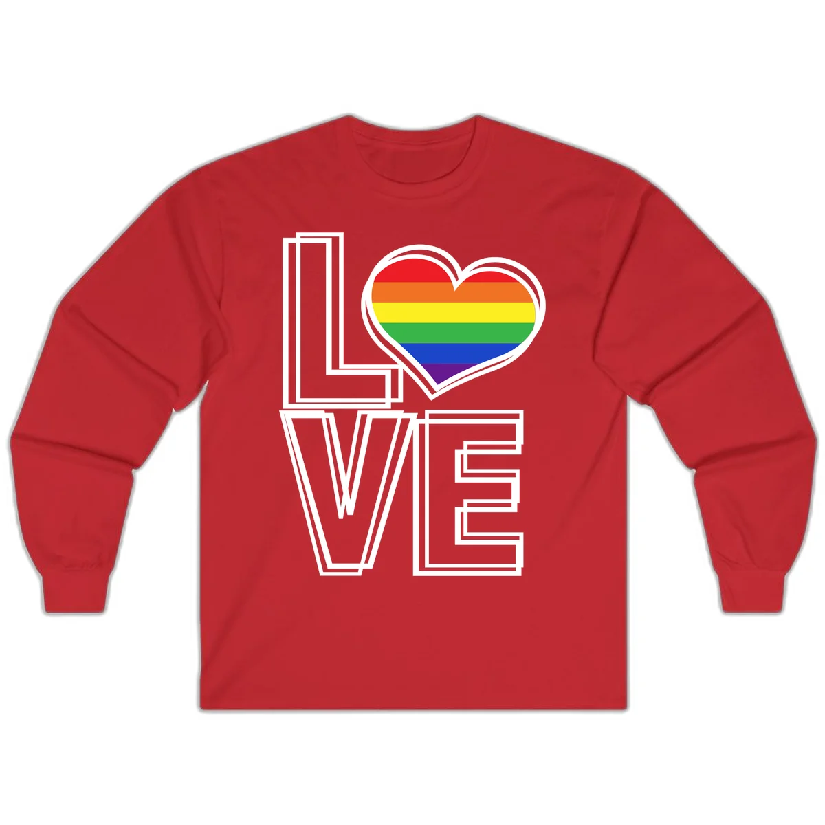 Love is love rainbow heart design with vibrant Pride flag colors in an outlined heart shape and bold LOVE text in Red