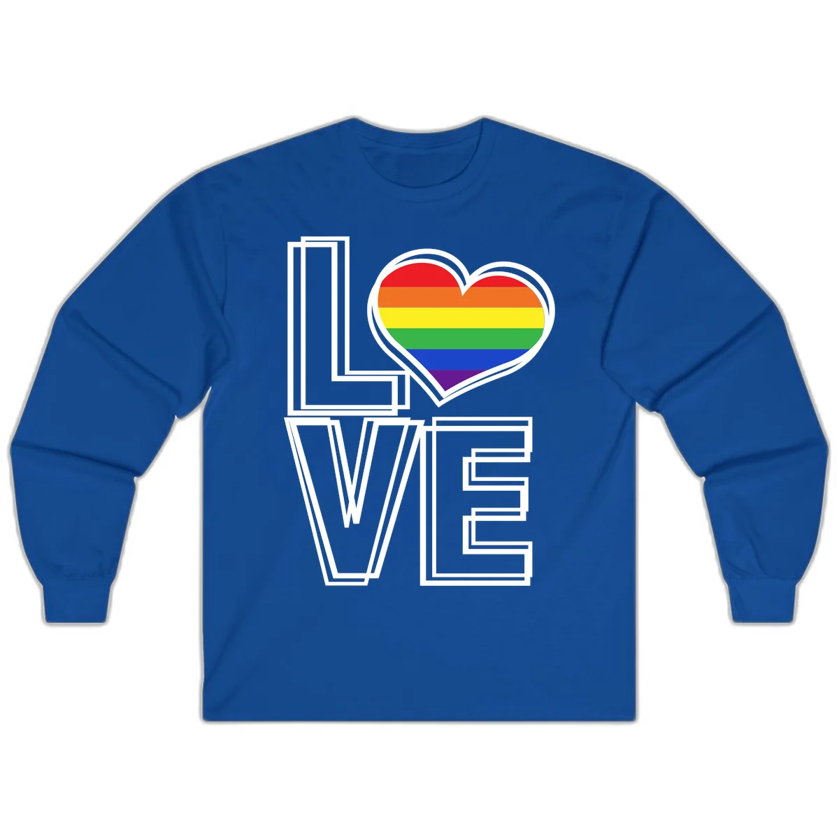 Love is love rainbow heart design with vibrant Pride flag colors in an outlined heart shape and bold LOVE text in Royal