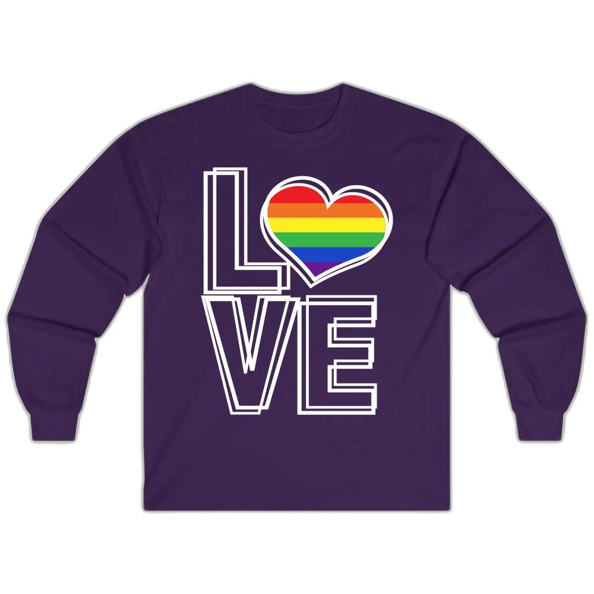 Love is love rainbow heart design with vibrant Pride flag colors in an outlined heart shape and bold LOVE text in Purple