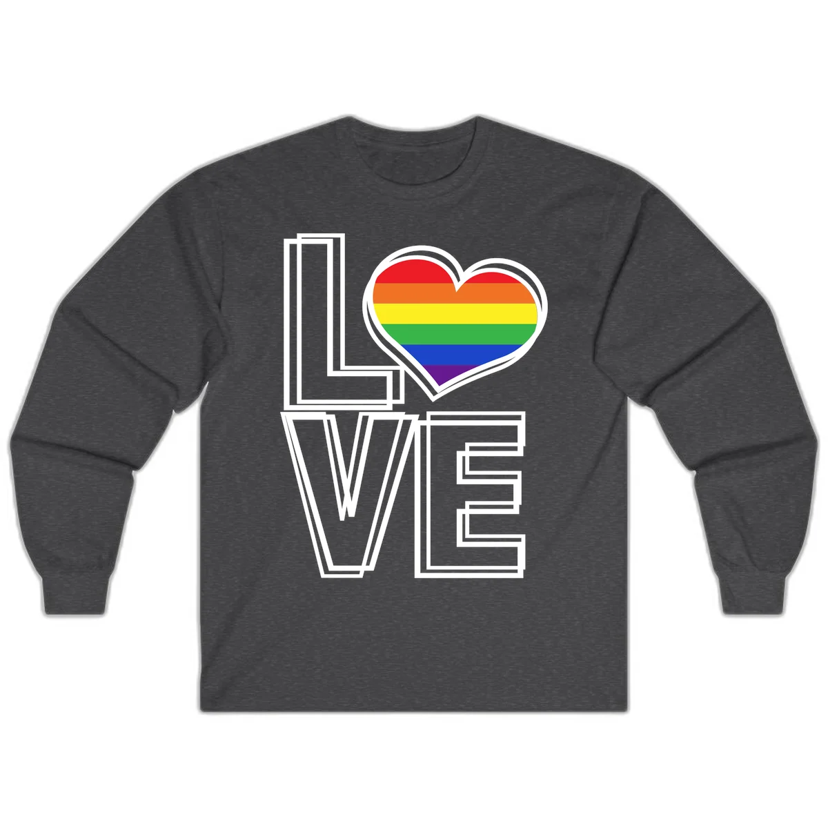Love is love rainbow heart design with vibrant Pride flag colors in an outlined heart shape and bold LOVE text in Dark Heather
