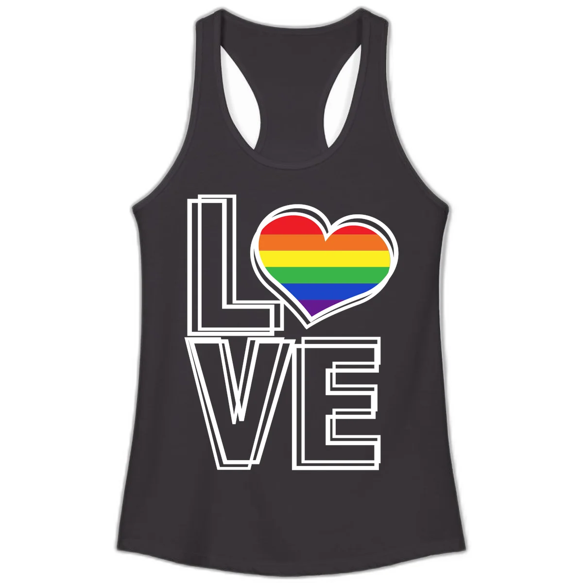 Love is love rainbow heart design with vibrant Pride flag colors in an outlined heart shape and bold LOVE text in Black