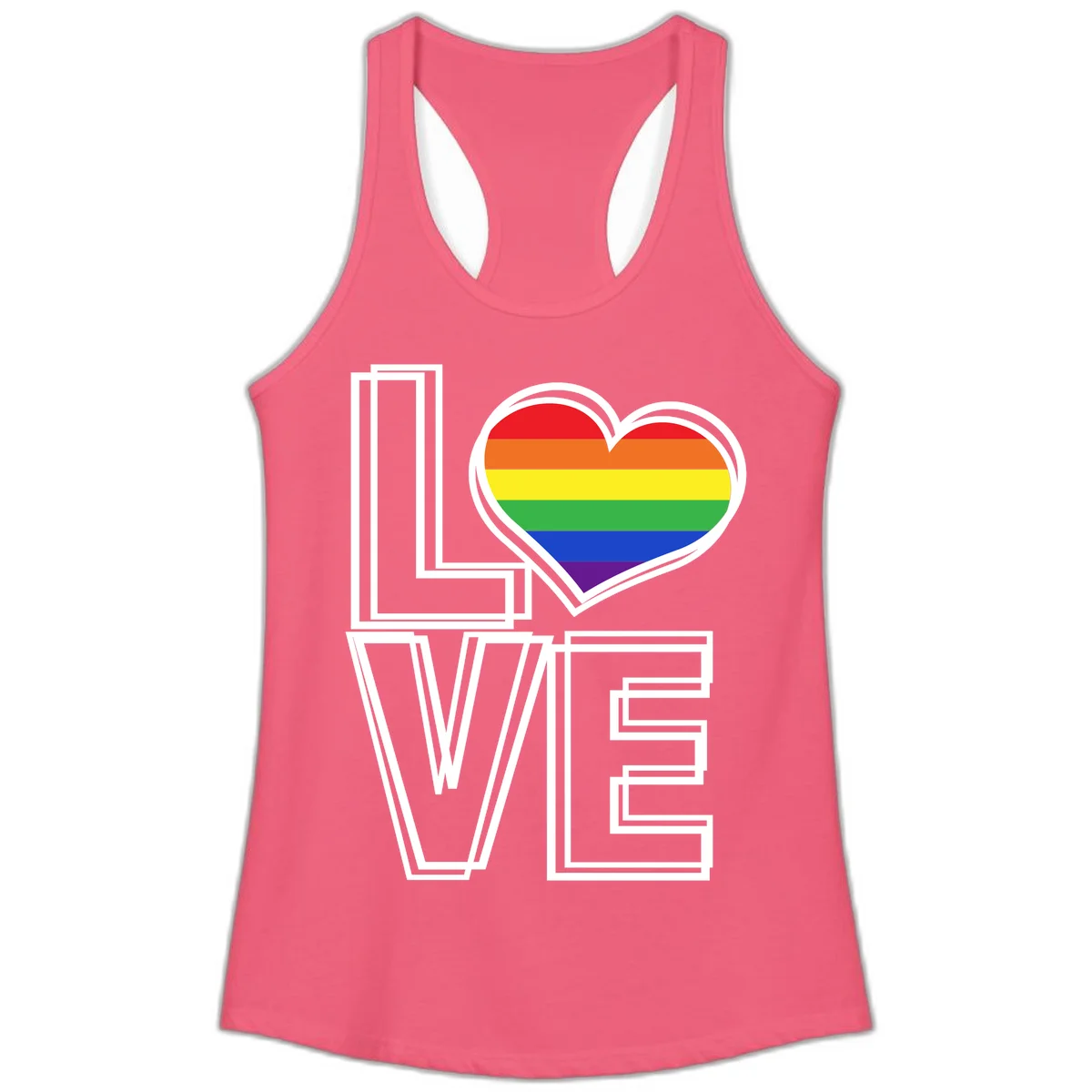 Love is love rainbow heart design with vibrant Pride flag colors in an outlined heart shape and bold LOVE text in Hot Pink
